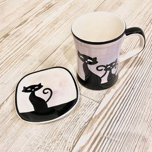 Mug and plate set with cute black cat design